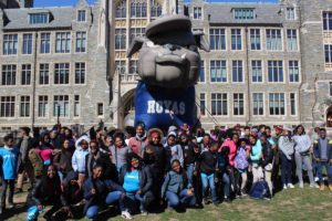 students standing in front of Jack the Bulldog'